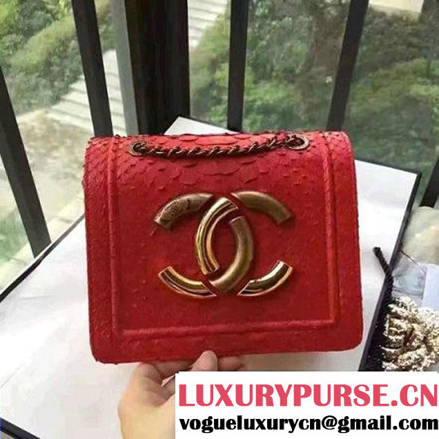 Chanel Small Python, Calfskin & Gold Metal Bronze Flap Bag Red F/W 2016 (YUN-6091806 )