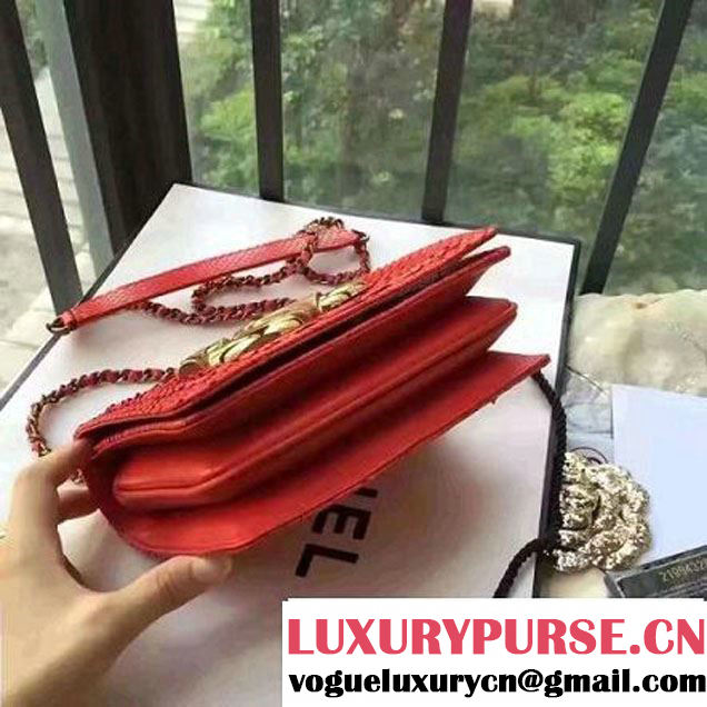 Chanel Small Python, Calfskin & Gold Metal Bronze Flap Bag Red F/W 2016 (YUN-6091806 )
