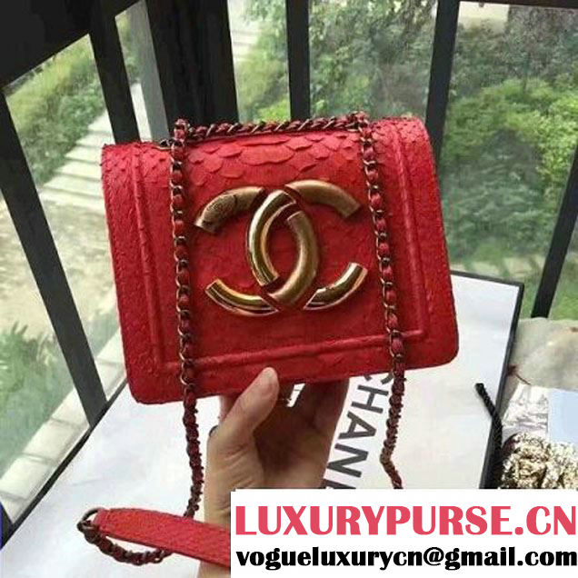 Chanel Small Python, Calfskin & Gold Metal Bronze Flap Bag Red F/W 2016 (YUN-6091806 )