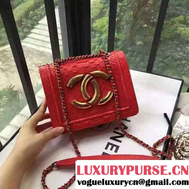 Chanel Small Python, Calfskin & Gold Metal Bronze Flap Bag Red F/W 2016 (YUN-6091806 )