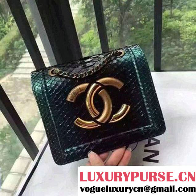 Chanel Small Python, Calfskin & Gold Metal Bronze Flap Bag Green/Black F/W 2016 (YUN-6091808 )