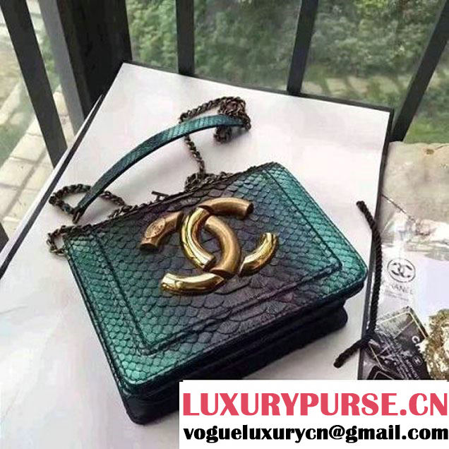 Chanel Small Python, Calfskin & Gold Metal Bronze Flap Bag Green/Black F/W 2016 (YUN-6091808 )