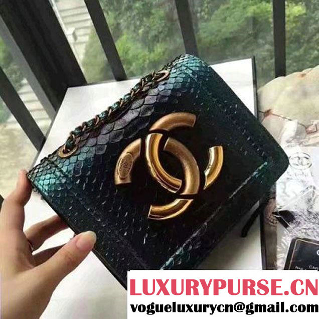 Chanel Small Python, Calfskin & Gold Metal Bronze Flap Bag Green/Black F/W 2016 (YUN-6091808 )