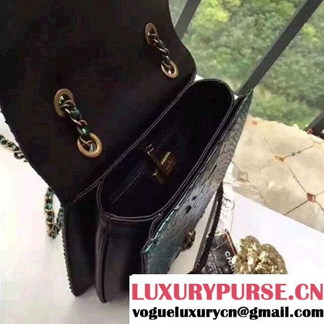 Chanel Small Python, Calfskin & Gold Metal Bronze Flap Bag Green/Black F/W 2016 (YUN-6091808 )