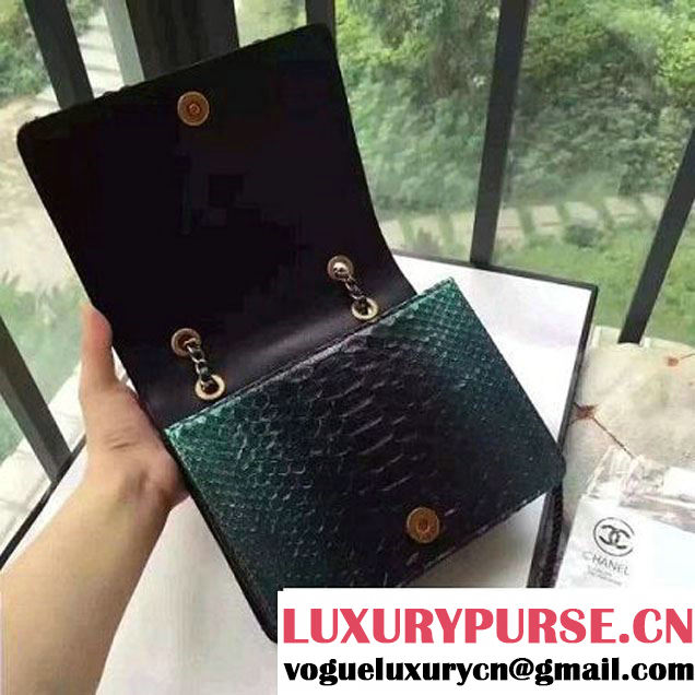 Chanel Small Python, Calfskin & Gold Metal Bronze Flap Bag Green/Black F/W 2016 (YUN-6091808 )