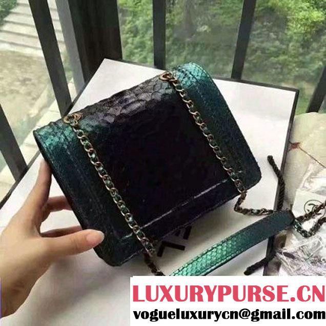 Chanel Small Python, Calfskin & Gold Metal Bronze Flap Bag Green/Black F/W 2016 (YUN-6091808 )