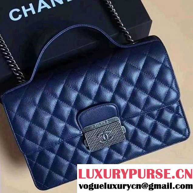 Chanel CC University Deerskin Top Handle Medium Flap Bag A93537 Navy Blue 2016 (2A058-6091916 )