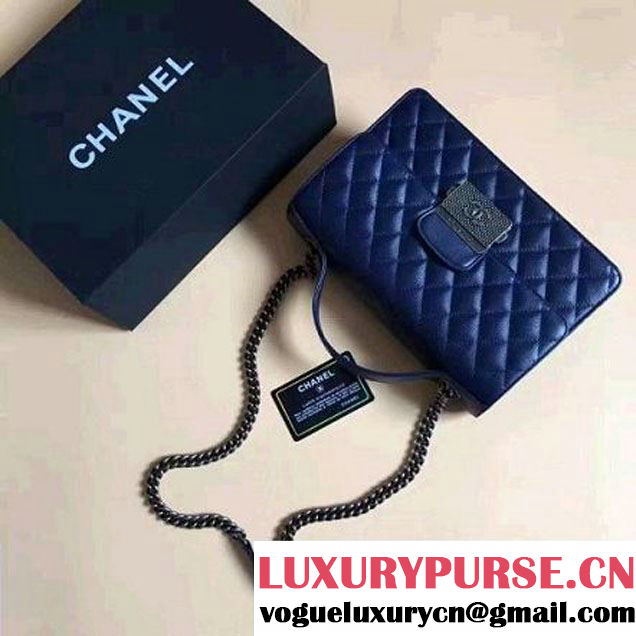 Chanel CC University Deerskin Top Handle Medium Flap Bag A93537 Navy Blue 2016 (2A058-6091916 )