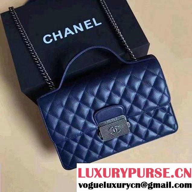 Chanel CC University Deerskin Top Handle Medium Flap Bag A93537 Navy Blue 2016 (2A058-6091916 )