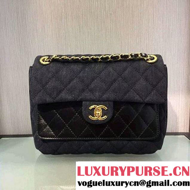 Chanel Denim and Calfskin/Light Gold Metal Small Flap Bag Black 2016 (2A058-6092010 )