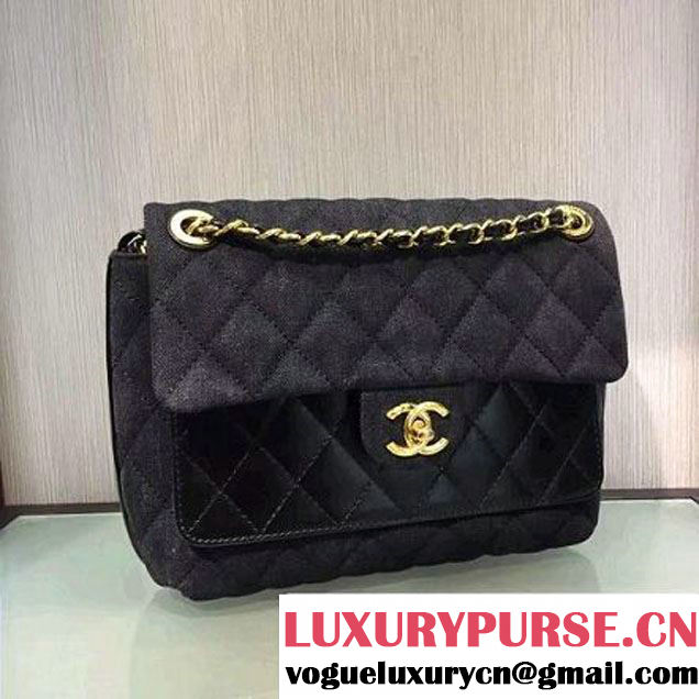 Chanel Denim and Calfskin/Light Gold Metal Small Flap Bag Black 2016 (2A058-6092010 )