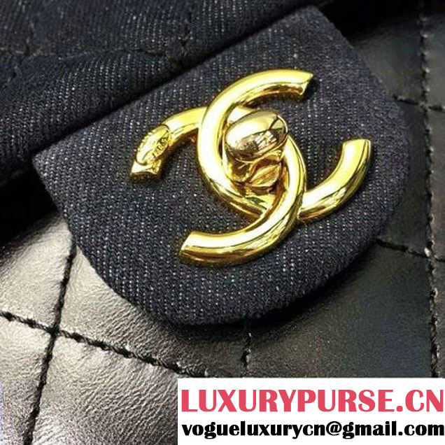 Chanel Denim and Calfskin/Light Gold Metal Small Flap Bag Black 2016 (2A058-6092010 )