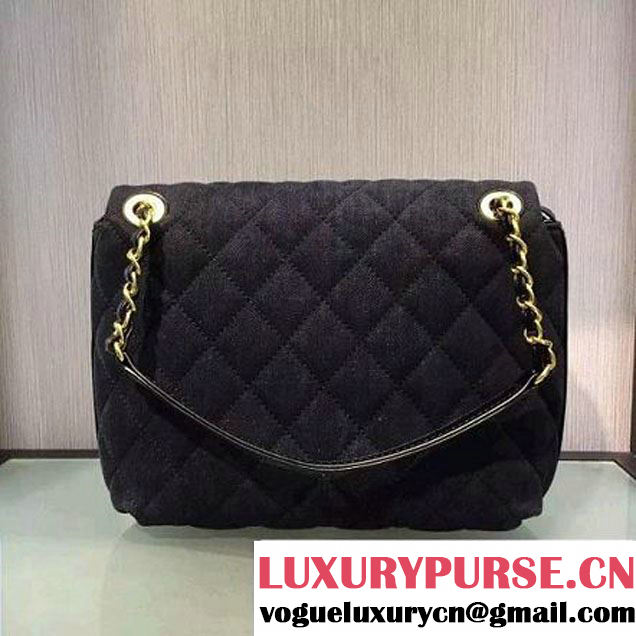 Chanel Denim and Calfskin/Light Gold Metal Small Flap Bag Black 2016 (2A058-6092010 )