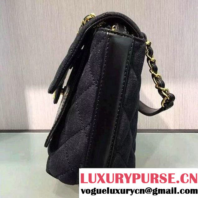 Chanel Denim and Calfskin/Light Gold Metal Small Flap Bag Black 2016 (2A058-6092010 )