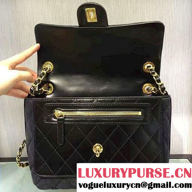 Chanel Denim and Calfskin/Light Gold Metal Small Flap Bag Black 2016 (2A058-6092010 )