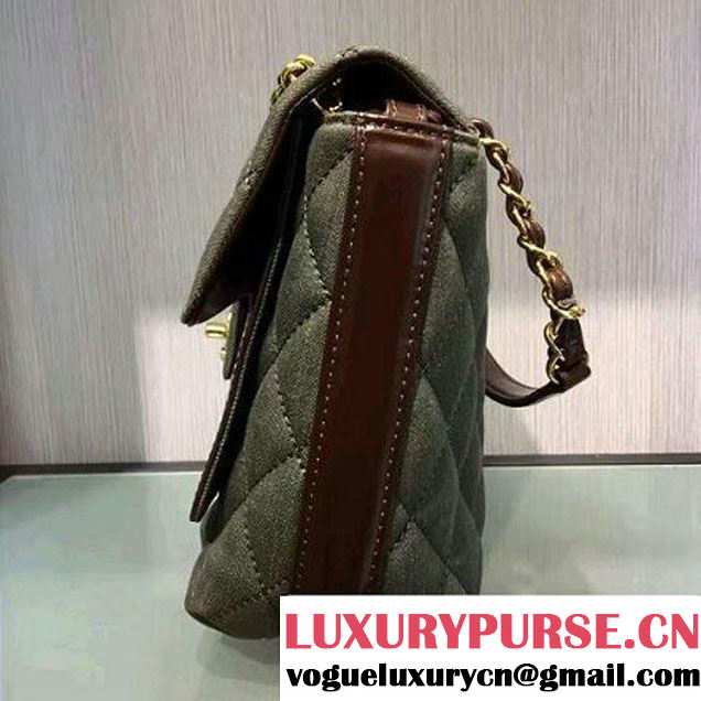 Chanel Denim and Calfskin/Light Gold Metal Small Flap Bag Army Green 2016 (2A058-6092011 )