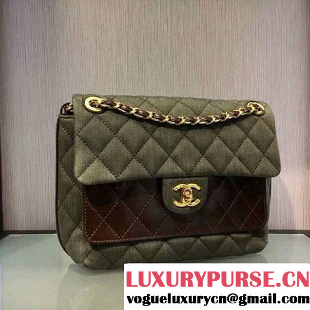 Chanel Denim and Calfskin/Light Gold Metal Small Flap Bag Army Green 2016 (2A058-6092011 )
