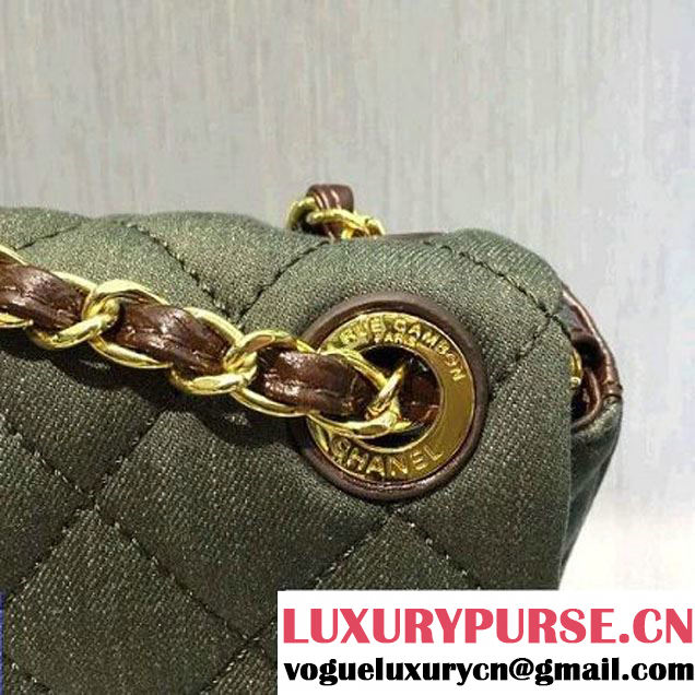 Chanel Denim and Calfskin/Light Gold Metal Small Flap Bag Army Green 2016 (2A058-6092011 )