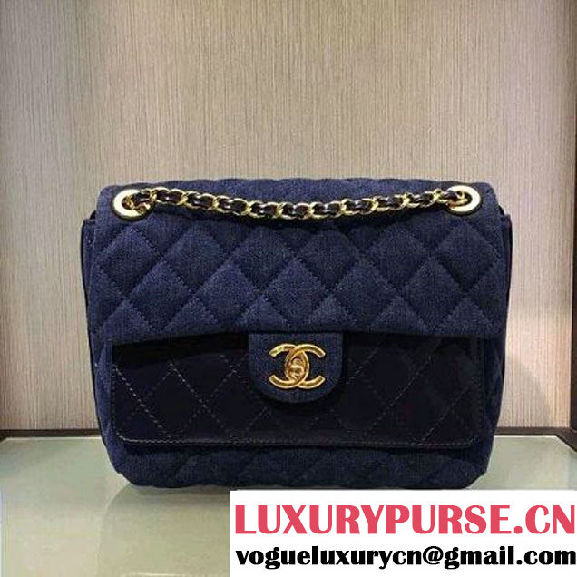 Chanel Denim and Calfskin/Light Gold Metal Small Flap Bag Blue 2016 (2A058-6092012 )