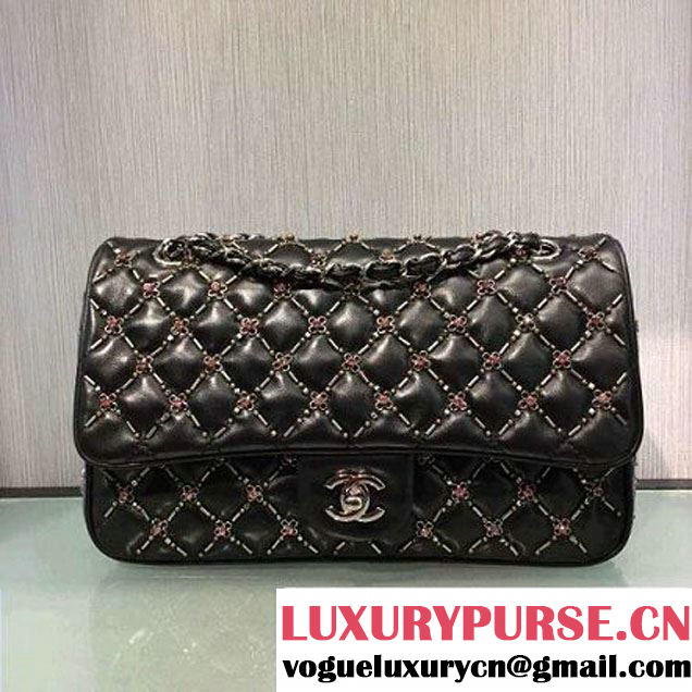 Chanel Lambskin, Embroideries & Ruthenium Metal Flap Bag A01112 2016 (2A143-6092601 )