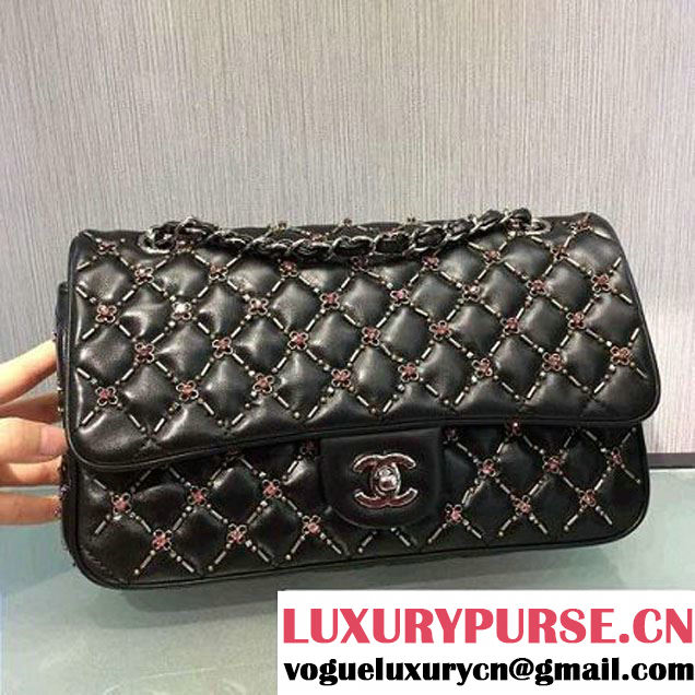Chanel Lambskin, Embroideries & Ruthenium Metal Flap Bag A01112 2016 (2A143-6092601 )