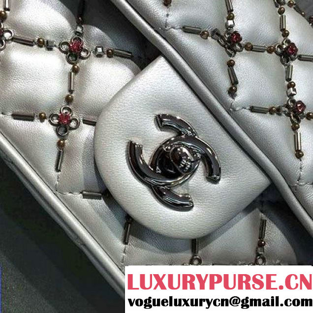 Chanel Metallic Lambskin, Embroideries & Ruthenium Metal Small Flap Bag Silver A69900 2016 (2A143-6092602 )