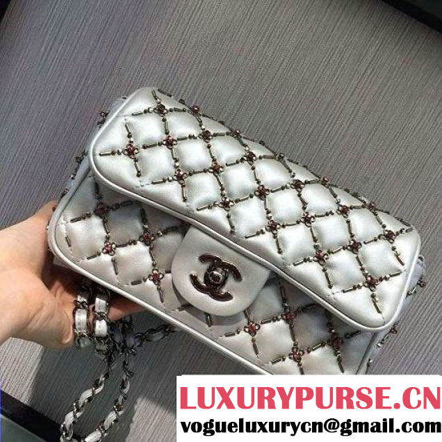 Chanel Metallic Lambskin, Embroideries & Ruthenium Metal Small Flap Bag Silver A69900 2016 (2A143-6092602 )