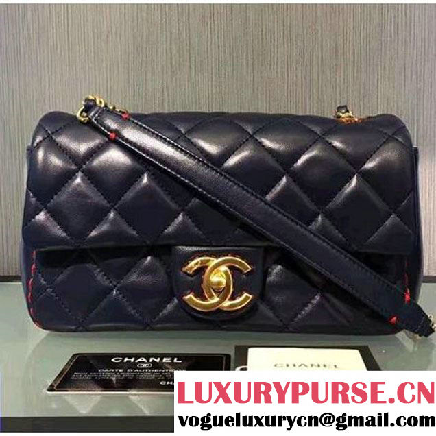 Chanel Lambskin & Gold Metal Flap Bag A93592 Navy/Red F/W 2016 (2A143-6101716 )