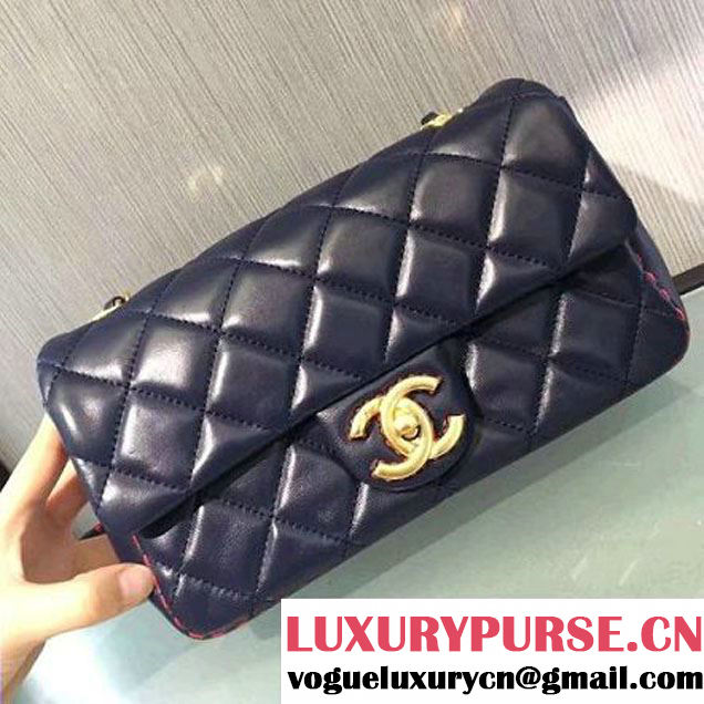 Chanel Lambskin & Gold Metal Flap Bag A93592 Navy/Red F/W 2016 (2A143-6101716 )