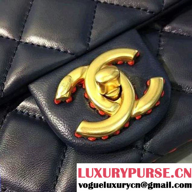 Chanel Lambskin & Gold Metal Flap Bag A93592 Navy/Red F/W 2016 (2A143-6101716 )