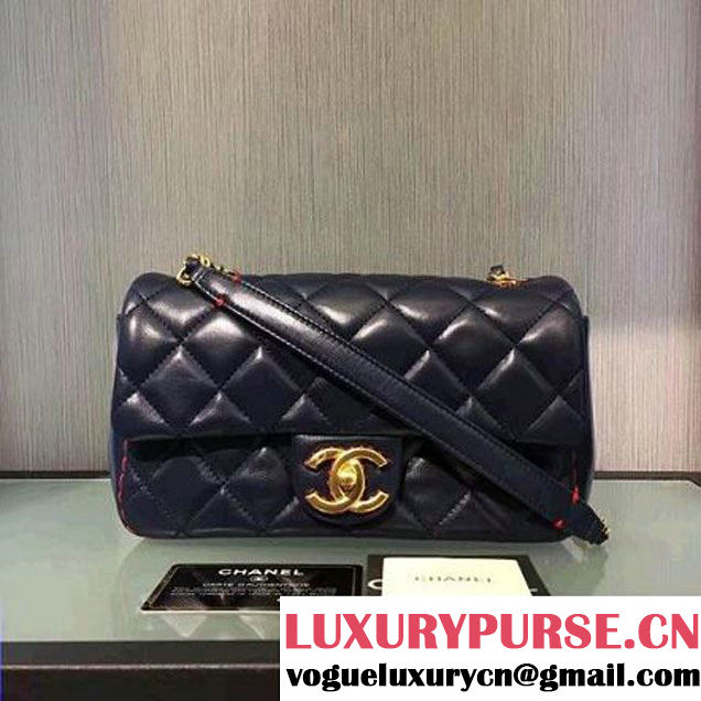 Chanel Lambskin & Gold Metal Flap Bag A93592 Navy/Red F/W 2016 (2A143-6101716 )
