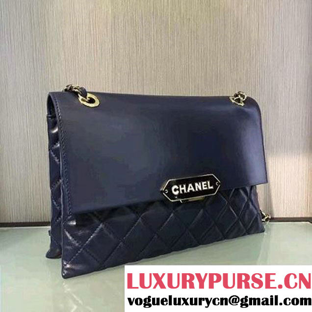 Chanel Lambskin & Gold Metal Retro Label Flap Bag A93627 Navy Blue F/W 2016 (2A143-6111706 )
