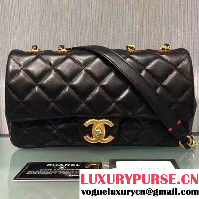 Chanel Lambskin & Gold Metal Medium Flap Bag Black/Red F/W 2016 (2A143-6111707 )