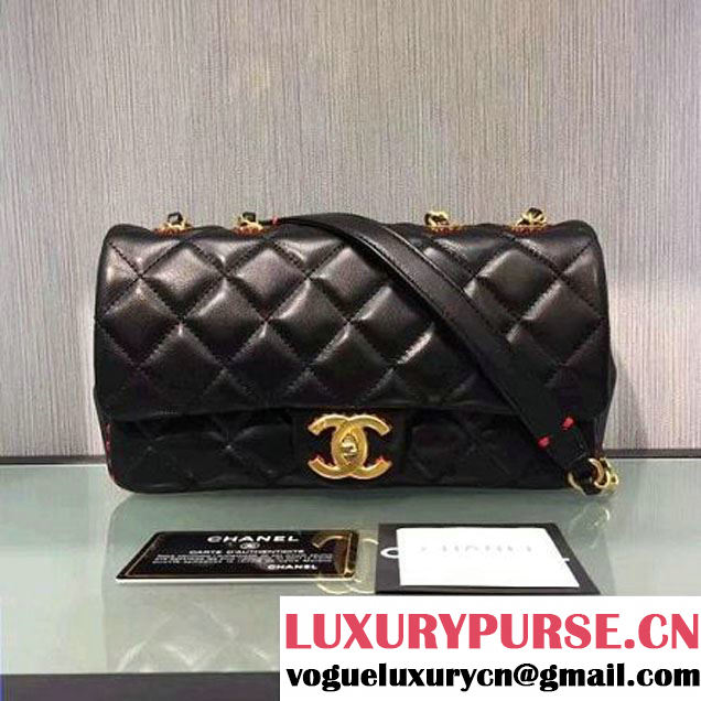 Chanel Lambskin & Gold Metal Medium Flap Bag Black/Red F/W 2016 (2A143-6111707 )