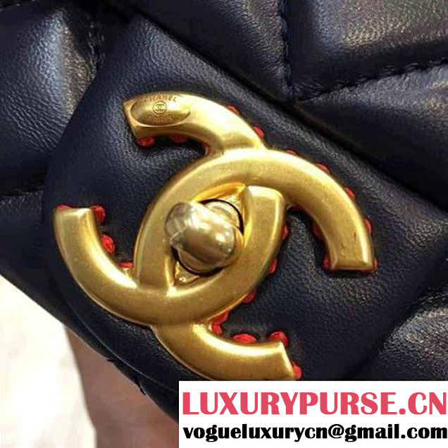 Chanel Lambskin & Gold Metal Medium Flap Bag Navy Blue/Red F/W 2016 (2A143-6111708 )