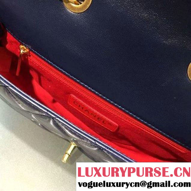 Chanel Lambskin & Gold Metal Medium Flap Bag Navy Blue/Red F/W 2016 (2A143-6111708 )
