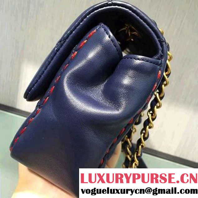 Chanel Lambskin & Gold Metal Medium Flap Bag Navy Blue/Red F/W 2016 (2A143-6111708 )