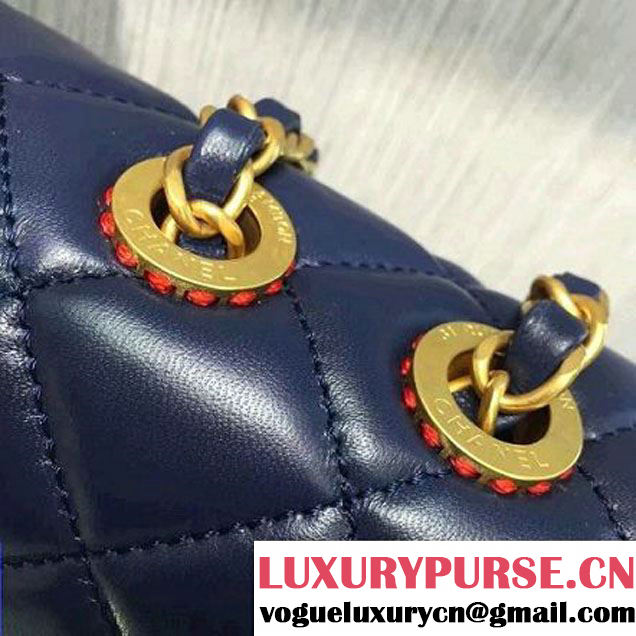 Chanel Lambskin & Gold Metal Medium Flap Bag Navy Blue/Red F/W 2016 (2A143-6111708 )