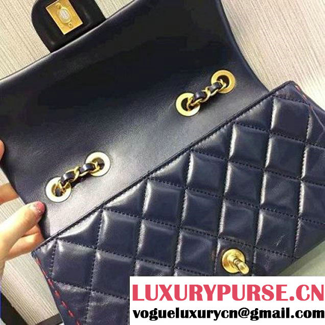 Chanel Lambskin & Gold Metal Medium Flap Bag Navy Blue/Red F/W 2016 (2A143-6111708 )