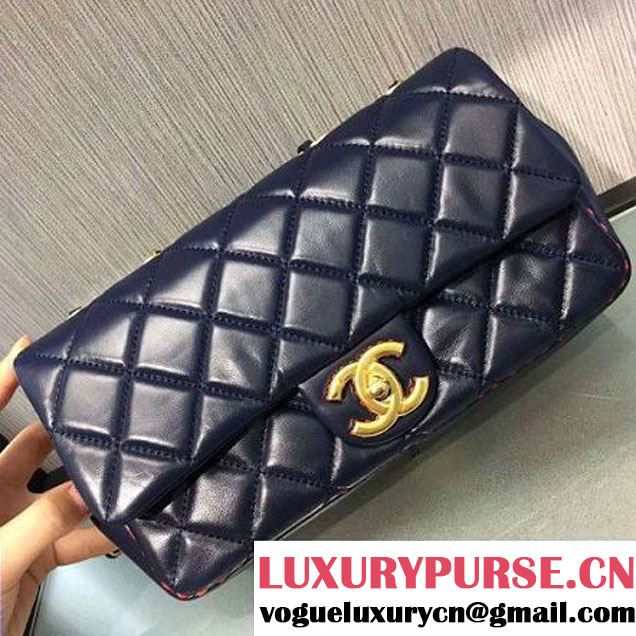Chanel Lambskin & Gold Metal Medium Flap Bag Navy Blue/Red F/W 2016 (2A143-6111708 )
