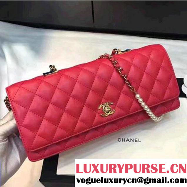 Chanel Quilting Lambskin With Pearl Chain Flap Bag A98571 Red 2016 (1A145-6112830 )