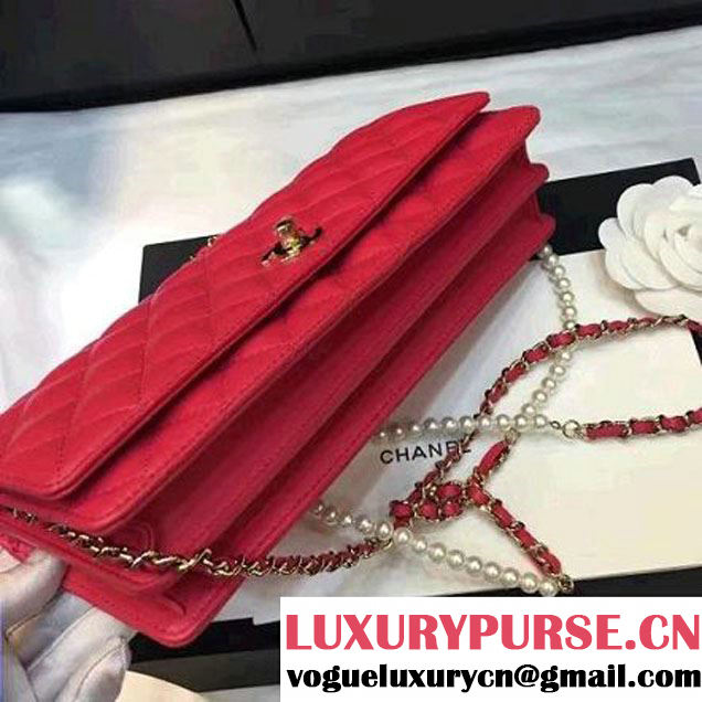 Chanel Quilting Lambskin With Pearl Chain Flap Bag A98571 Red 2016 (1A145-6112830 )