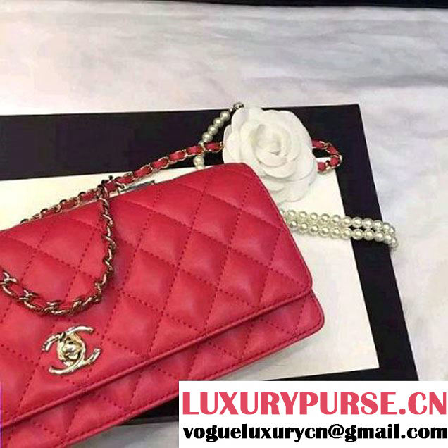 Chanel Quilting Lambskin With Pearl Chain Flap Bag A98571 Red 2016 (1A145-6112830 )
