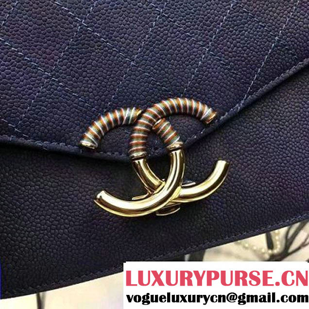Chanel Grained Calfskin Flap Bag with Top Handle Gray Navy Blue Cruise 2017 (Chanel-7010408 )