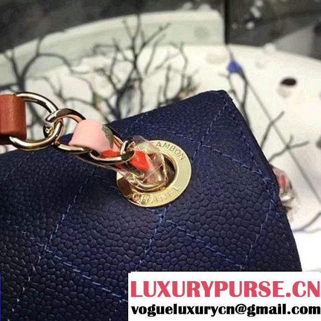 Chanel Grained Calfskin Flap Bag with Top Handle Gray Navy Blue Cruise 2017 (Chanel-7010408 )