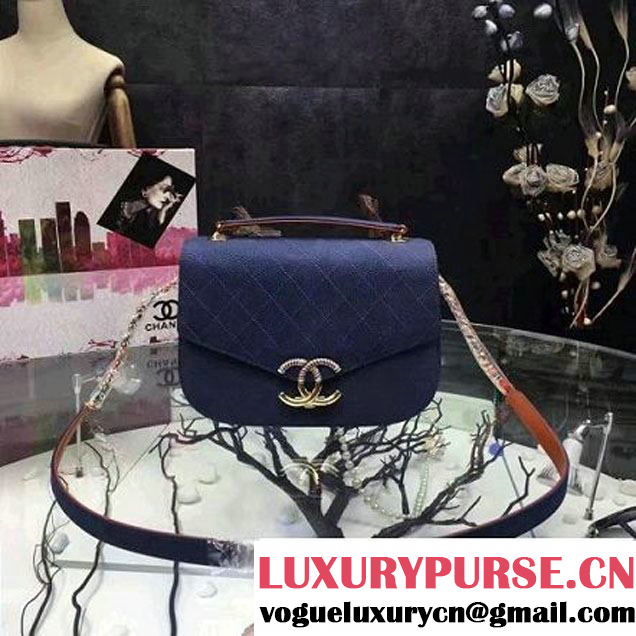 Chanel Grained Calfskin Flap Bag with Top Handle Gray Navy Blue Cruise 2017 (Chanel-7010408 )