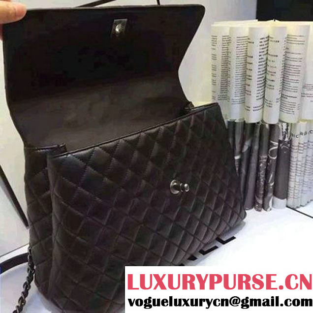 Chanel A93279 Large Lambskin Flap Bag With Handle All Black 2016 (AV-7020804 )