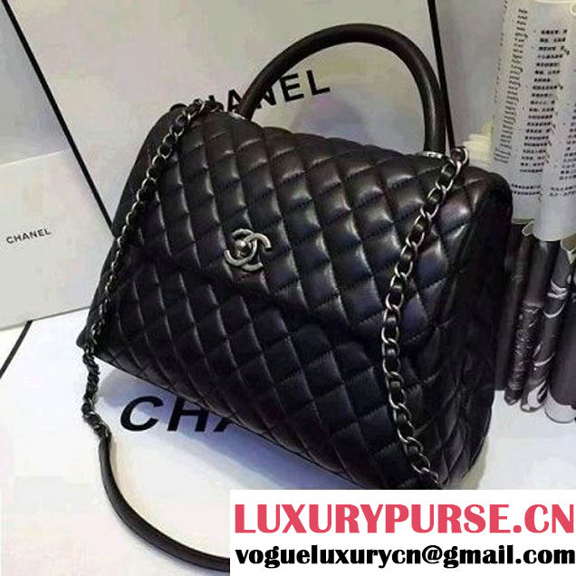 Chanel A93279 Large Lambskin Flap Bag With Handle All Black 2016 (AV-7020804 )