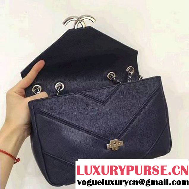 Chanel Chevron Grained Calfskin Medium Flap Bag A93775 Deep Blue 2017 (2A143-7030922 )