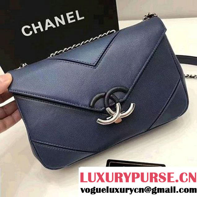 Chanel Grained Calfskin Chevron Small Flap Bag A93774 Blue 2017 (1A145-7032126 )